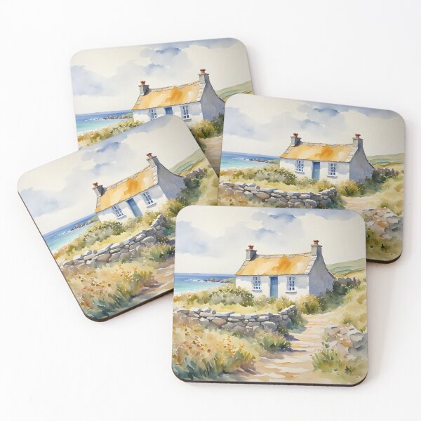 Item preview, Cornish Cottage by the Sea in Autumn Watercolor Painting designed and sold by MeadowFarmPrint.