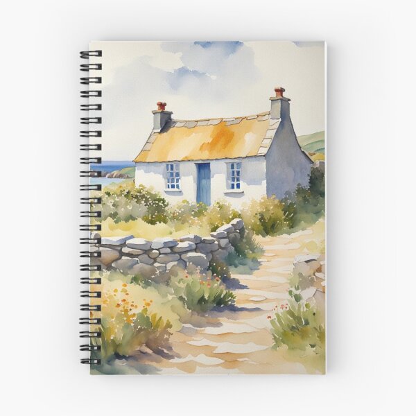 Item preview, Cornish Cottage by the Sea in Autumn Watercolor Painting designed and sold by MeadowFarmPrint.
