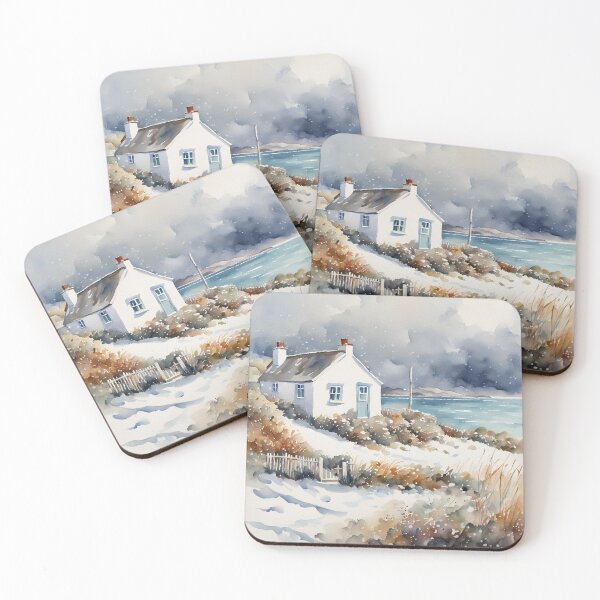 Item preview, Cornish Cottage by the Sea in Winter Watercolor Painting designed and sold by MeadowFarmPrint.