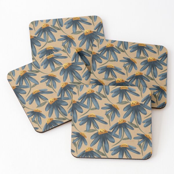 Item preview, Blue painterly coneflowers on a neutral autumn yellow background designed and sold by JasmineGDesigns.
