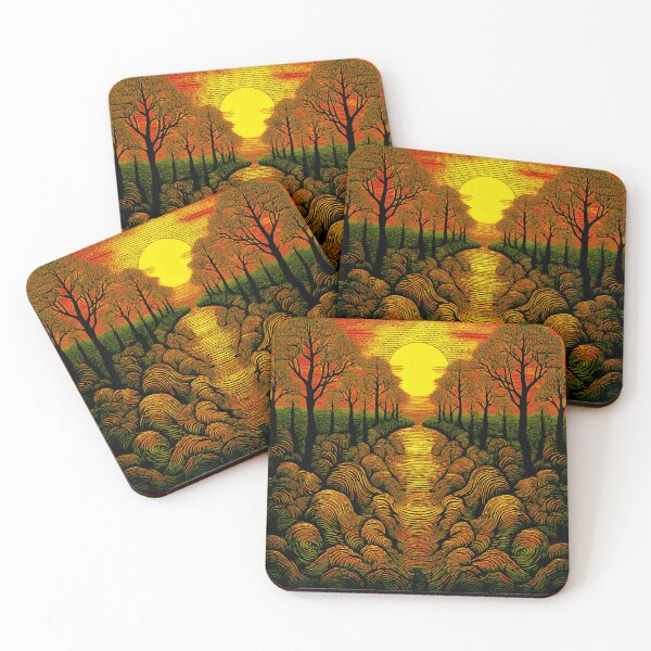 Item preview, The atmosphere of the festival, a psychedelic forest, bathed in the sea and the setting sun - red, black, orange/3 designed and sold by My-fake-places.