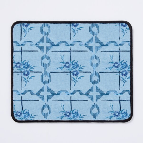 Item preview, vintage embroidery flowers on blue linen designed and sold by Morrisseyfabric.