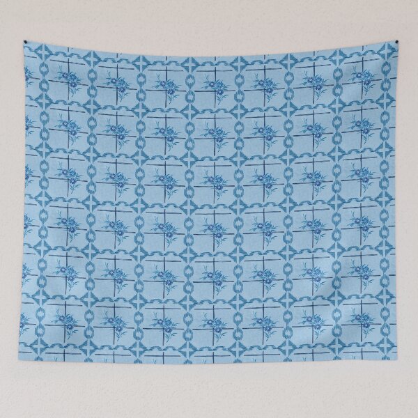 Item preview, vintage embroidery flowers on blue linen designed and sold by Morrisseyfabric.