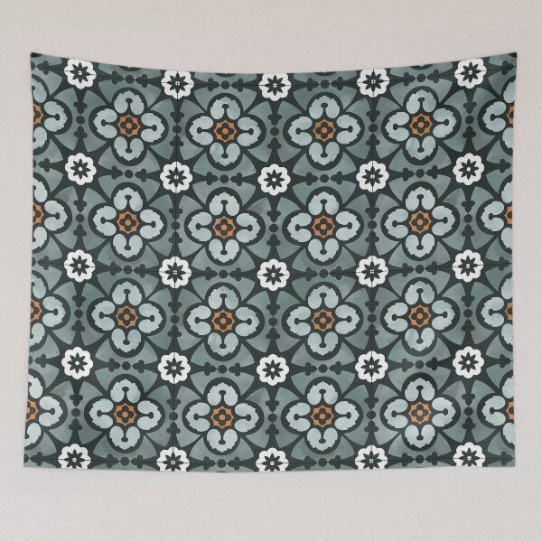 Item preview, Teal and White Floral Leaf Tile Reproduction designed and sold by MadeByGeeClowes.