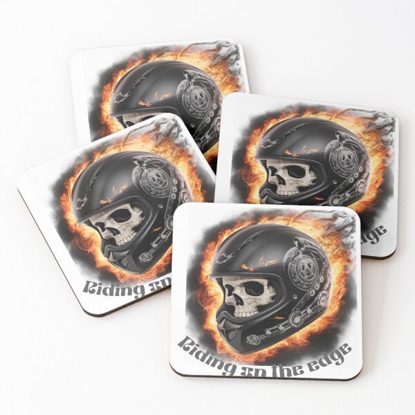 Item preview, RIDING ON THE EDGE, SKULL IN BLACK HELMET ON FIRE designed and sold by YourTrendyTees.