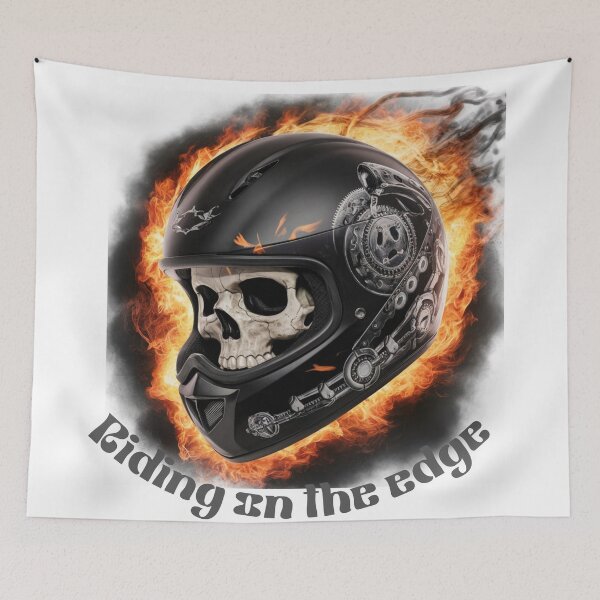 Item preview, RIDING ON THE EDGE, SKULL IN BLACK HELMET ON FIRE designed and sold by YourTrendyTees.