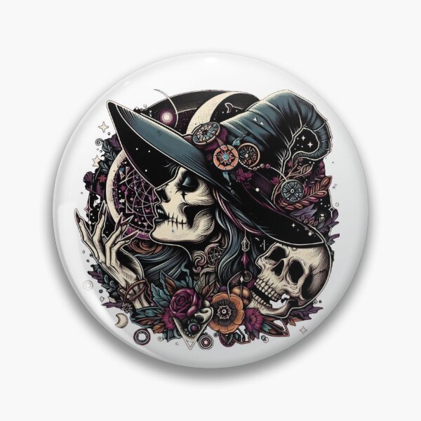 Artikelvorschau, Skeletthexe mit Zauberhut und Totenkopf - Gothic Art entworfen und verkauft von Cosas de Datherna.