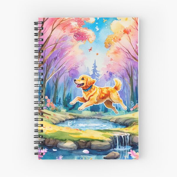 Artikelvorschau, Golden Retriever erkundet einen farbenfrohen Fantasiewald, Vintage, Aquarelle entworfen und verkauft von MyDearLion.