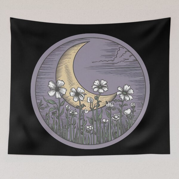 Item preview, Third of the Seven Nights. Moonlit Night, Meadow, Blooming Flowers against the Moon. Magical Print. designed and sold by Zenithara.