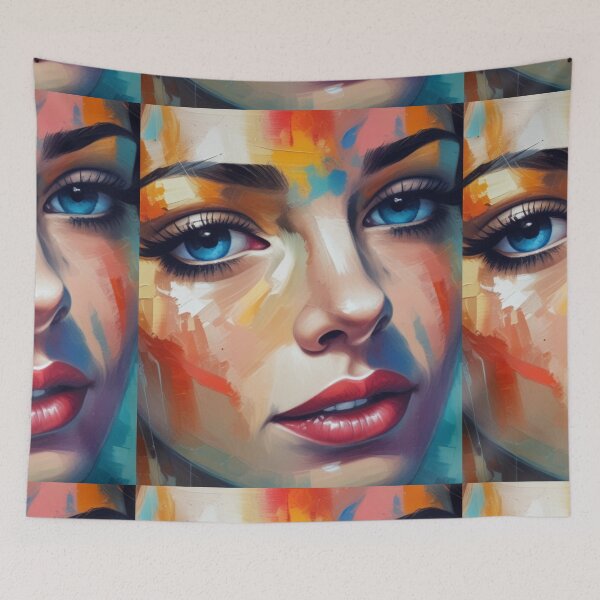 Item preview, Abstract picture of a beautiful woman. Fragment Oil portrait painting in multicolored tones.Conceptual closeup of an oil painting and palette knife on canvas designed and sold by bvdesignart.