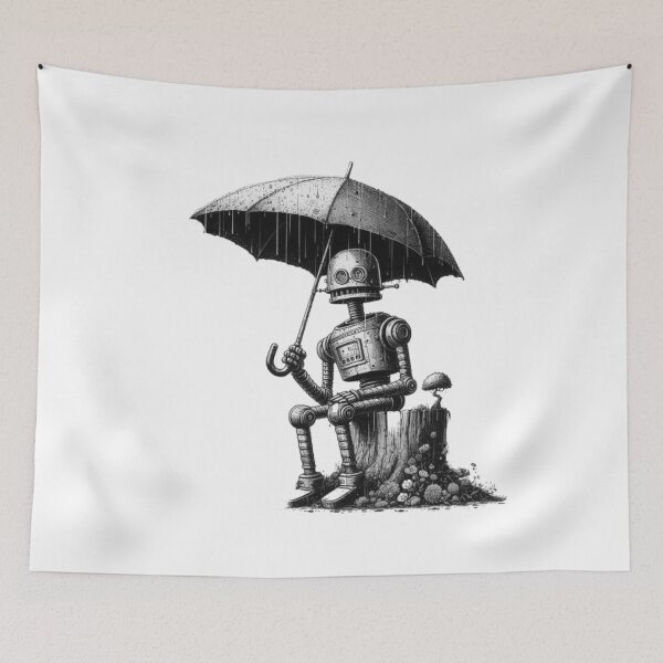 Item preview, Sad robot sitting in rain, Rainy Day, Digital Art, Art Of The Future, Sci-Fi Mood designed and sold by WorlDigitalArts.