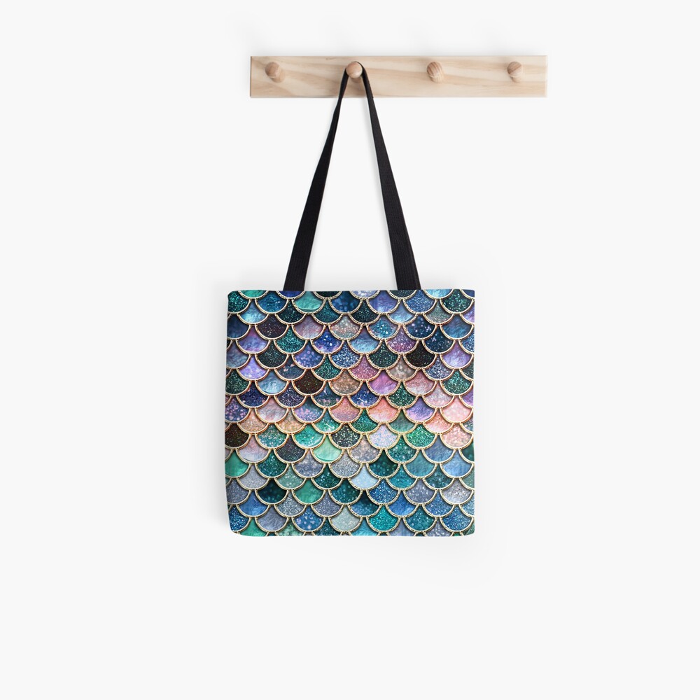 Teal, Silver and Pink Sparkle Faux Glitter Mermaid Scales Tote Bag