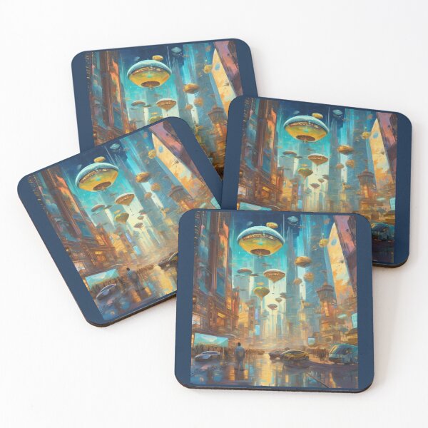 Item preview, "Futuristic Landscape: High-Rise Illuminated Buildings and Digital Avatars Soaring in Flying Vehicles" designed and sold by Artisticanvas.