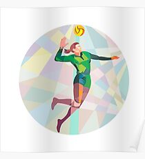 Volleyball-Spieler, der den Ball springend niedriges Polygon verletzt Poster