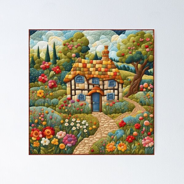 Item preview, Patchwork Cottage in Summertime Acrylic Painting designed and sold by MeadowFarmPrint.