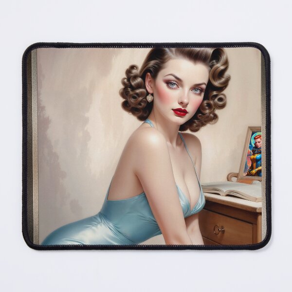 Item preview, Elegant Pin-Up Girl Beauty In Satin Blue Attire Reading At Her Vanity Stunning AI Concept Art by Xzendor7 designed and sold by Xzendor7 Digital Art Creations.