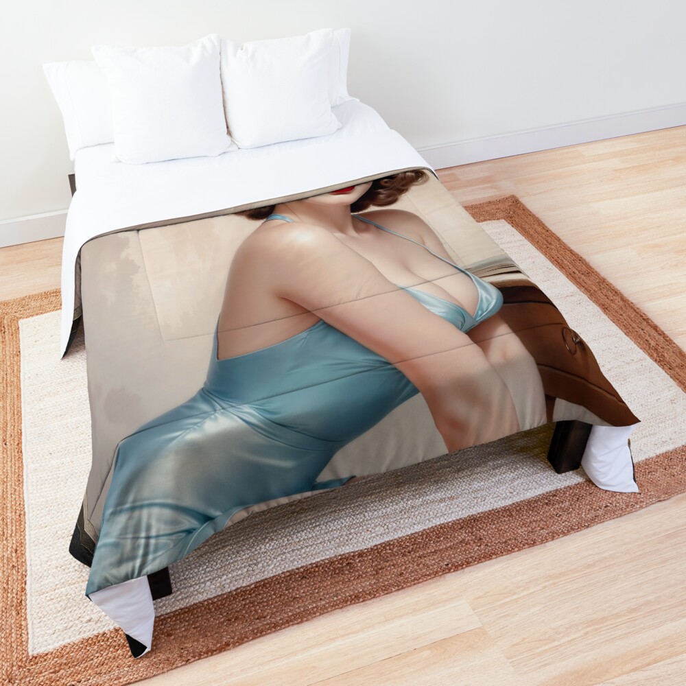 Elegant Pin-Up Girl Beauty In Satin Blue Attire Reading At Her Vanity Stunning AI Concept Art by Xzendor7 Decorative Art Print Comforter