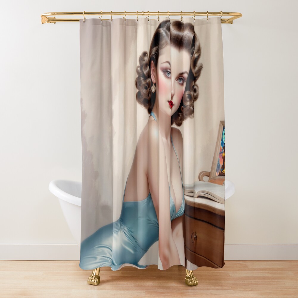 Elegant Pin-Up Girl Beauty In Satin Blue Attire Reading At Her Vanity Stunning AI Concept Art by Xzendor7 Decorative Art Print Shower Curtain
