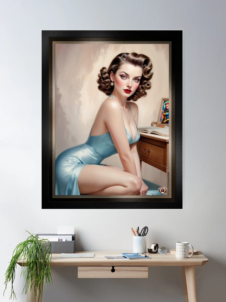 Elegant Pin-Up Girl Beauty In Satin Blue Attire Reading At Her Vanity Stunning AI Concept Art by Xzendor7 Wall Decor Poster Art Print