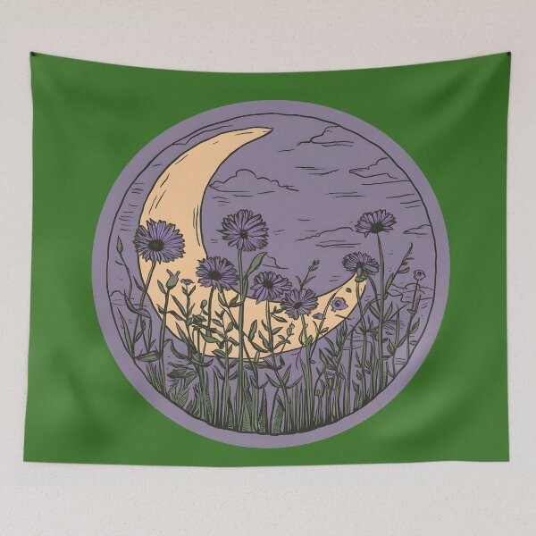 Item preview, Fourth of the Seven Nights. Moonlit Night, Meadow, Blooming Flowers against the Moon. Magical Print. designed and sold by Zenithara.