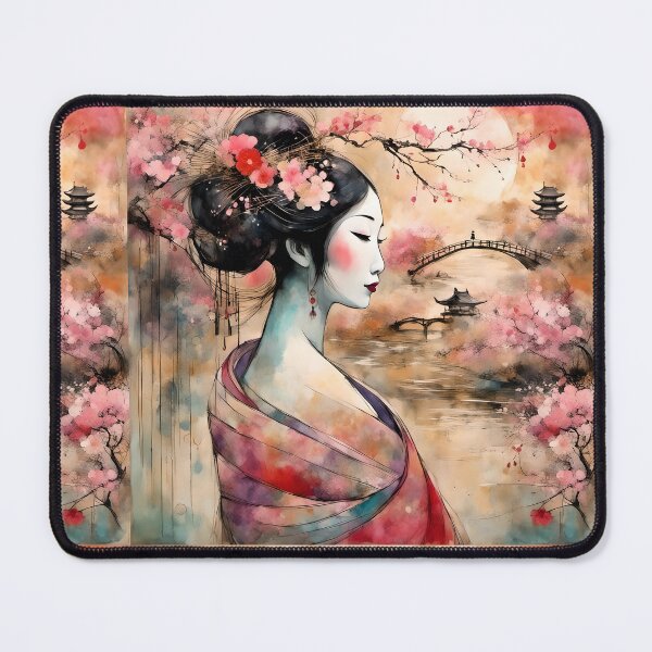 Item preview, Beautiful abstract geisha, kimono , in sunrise with flowers, pagodas, bridge designed and sold by Coolparrotgirl.