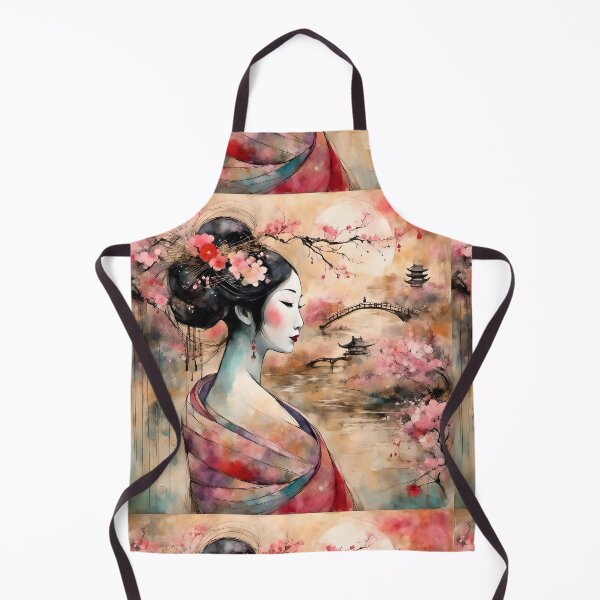Item preview, Beautiful abstract geisha, kimono , in sunrise with flowers, pagodas, bridge designed and sold by Coolparrotgirl.