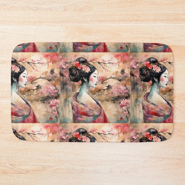 Item preview, Beautiful abstract geisha, kimono , in sunrise with flowers, pagodas, bridge designed and sold by Coolparrotgirl.
