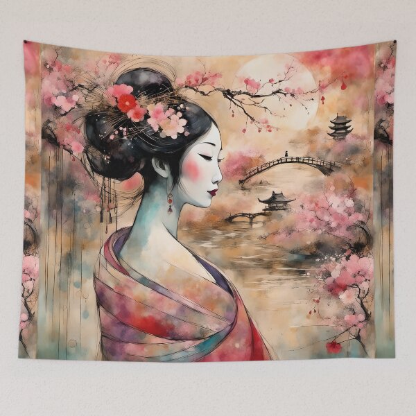 Item preview, Beautiful abstract geisha, kimono , in sunrise with flowers, pagodas, bridge designed and sold by Coolparrotgirl.