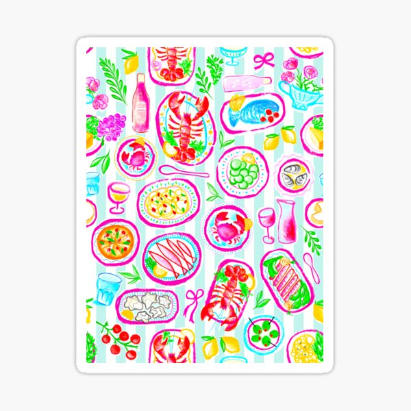 Preppy Italian 'La Dolce Vita' seafood and pasta on pastel blue stripes Sticker