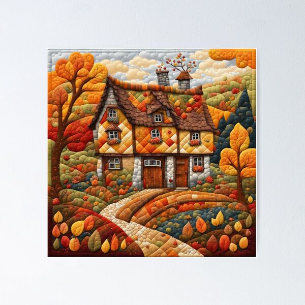 Item preview, Patchwork Cottage in Autumn Acrylic Painting designed and sold by MeadowFarmPrint.