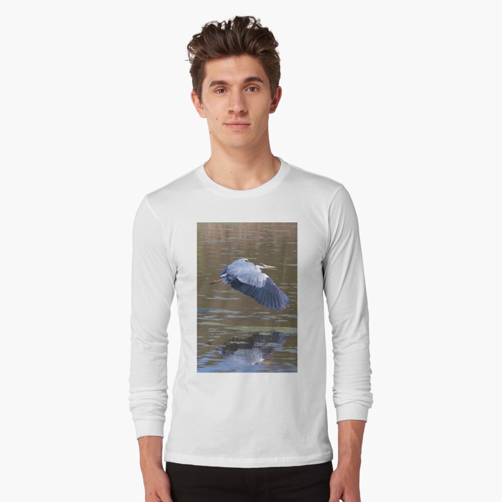 A Grey Heron (Ardea cinerea) in flight. Long Sleeve T-Shirt