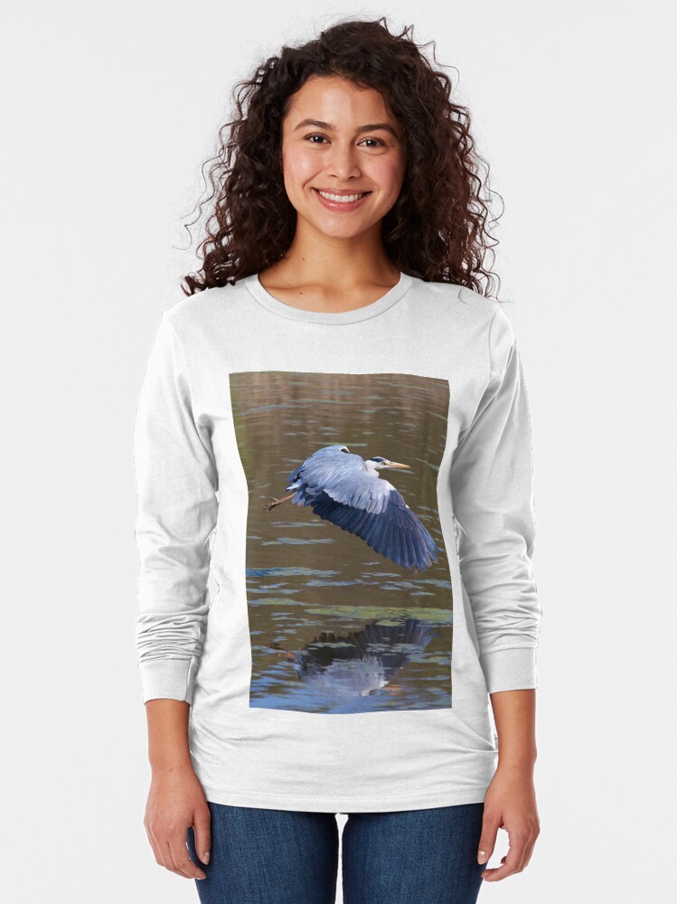 Alternate view of A Grey Heron (Ardea cinerea) in flight. Long Sleeve T-Shirt