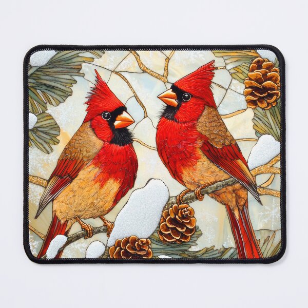 Item preview, Couple of  Red Cardinals Perched on Snow Covered Branch Stained Glass designed and sold by MargaretWiktor.