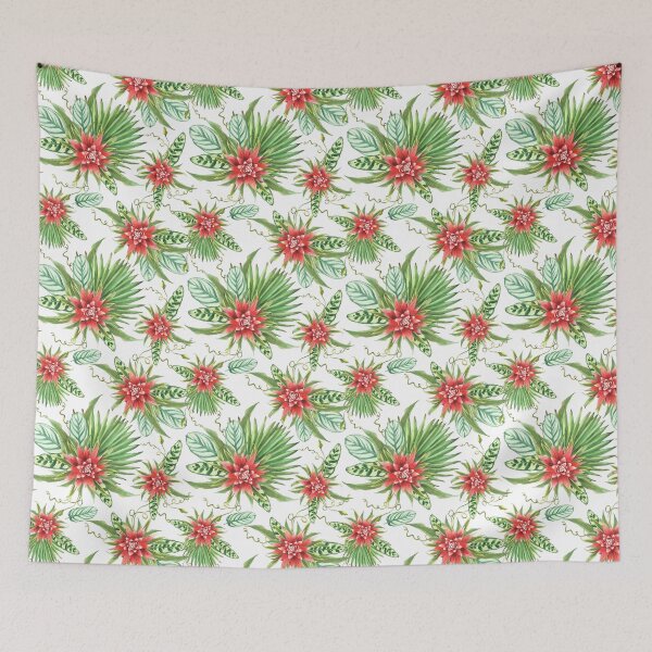 Item preview, Tropic red flowers and green leaves, summer exotic Hawaiian pattern Watercolor hand drawn designed and sold by BartolArt.