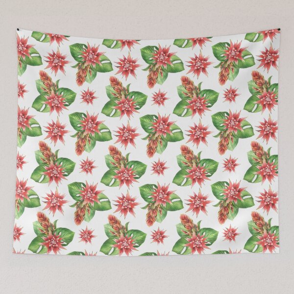 Item preview, Tropic bromeliad red flowers and green leaves. Summer pattern. Watercolor hand drawn designed and sold by BartolArt.