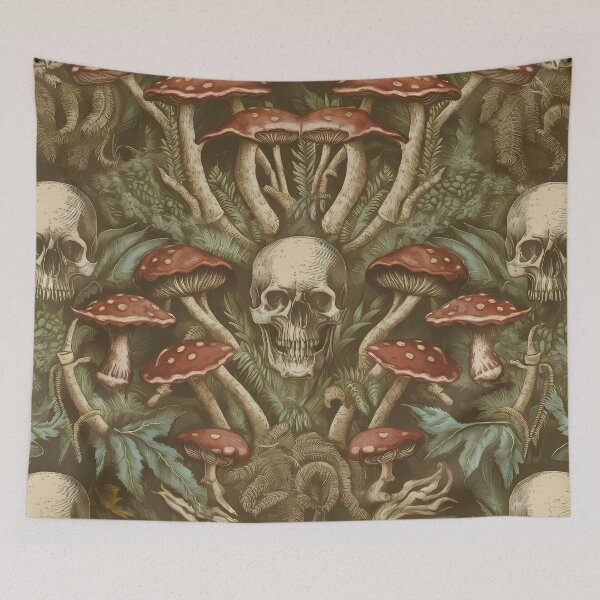 Item preview, Goblincore - refuge of the goblins - human skulls and red mushrooms the perfect place for the feral forest goblin creature fairygrunge grunge designed and sold by Fantasy Cache.