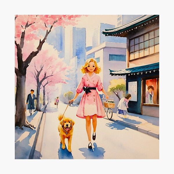 Artikelvorschau, Vintage-Aquarell: Blondes Mädchen geht mit einem Golden Retriever-Welpen in Tokio spazieren entworfen und verkauft von MyDearLion.