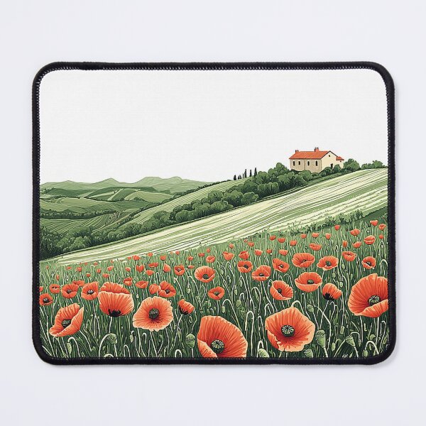 Item preview, Intricate Pen Illustration of Poppies in a Rolling Field with Farmhouse designed and sold by PaintbrushPlace.