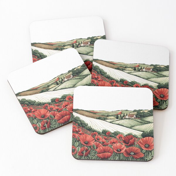 Item preview, Detailed Pen Illustration of Poppies and Farmhouse in Rolling Field designed and sold by PaintbrushPlace.