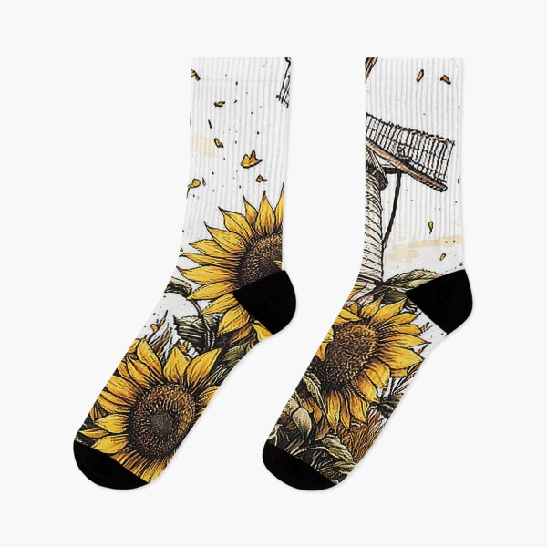 Artikelvorschau, Aufwendige Federzeichnung von Sonnenblumen und rustikaler Windmühle entworfen und verkauft von PaintbrushPlace.