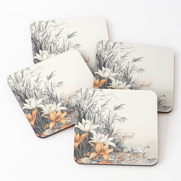 Item preview, Intricate Pen Illustration of Lilies by a Quiet Lake with Swan designed and sold by PaintbrushPlace.
