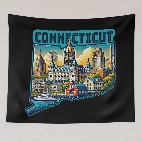 Item preview, Connecticut State Map USA Skyline and Landmarks Illustration- travel souvenir art designed and sold by Unitepeople.