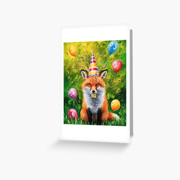 Birthday Celebration. Birthday Fox. Adorable fox, birthday balloons, watercolor fox, fox drawing, floral fox Greeting Card