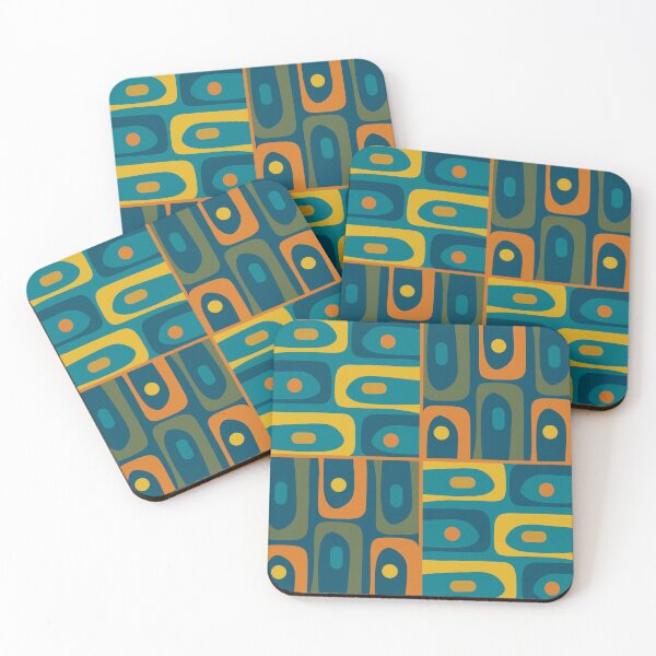 Artikelvorschau, Mid Century Modern Piquet Retro Abstraktes Multi-Muster in Marokkanischem Blau, Blaugrün, Orange, Oliv, Senf entworfen und verkauft von kierkegaard.