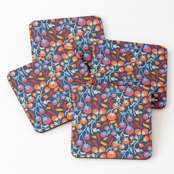 Item preview, Red tomatoes and yellow chilli’s on navy blue back ground  designed and sold by Inkworthy.