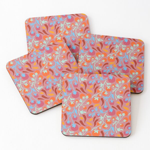 Item preview, Red tomatoes and yellow chilli’s on dusty pink background  designed and sold by Inkworthy.
