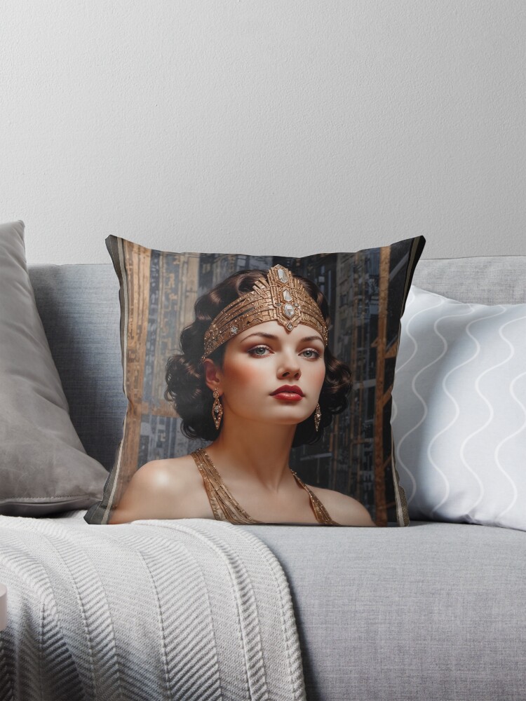 Portrait Of A Lady Art Deco Pin-Up Illustration Alluring AI Concept Art by Xzendor7 Decorative Art Print Throw Pillow