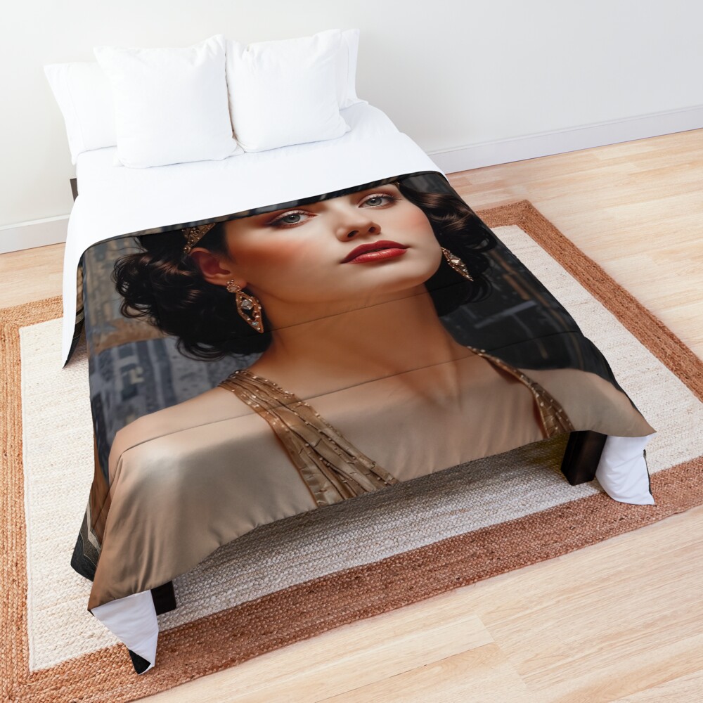 Portrait Of A Lady Art Deco Pin-Up Illustration Alluring AI Concept Art by Xzendor7 Decorative Art Print Comforter