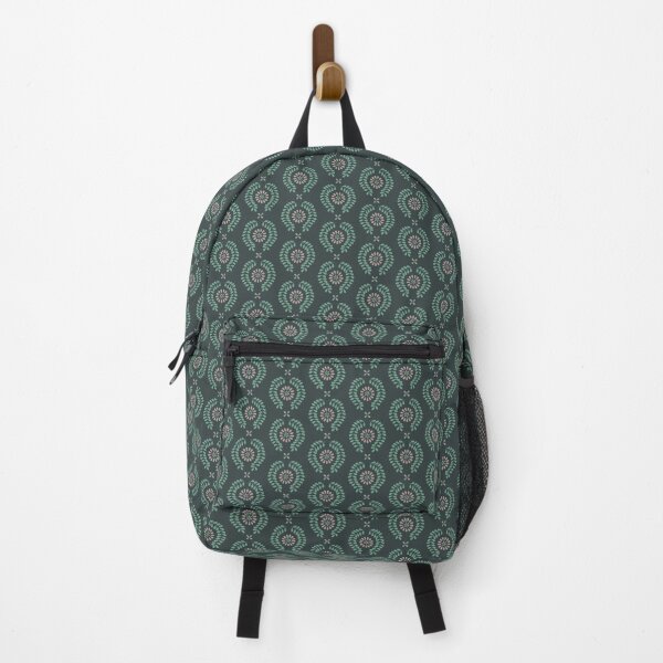 Item preview, Symmetrical flower in coral and leaf tendril on dark green background Benjamin Moore Colors designed and sold by Kreativa1.