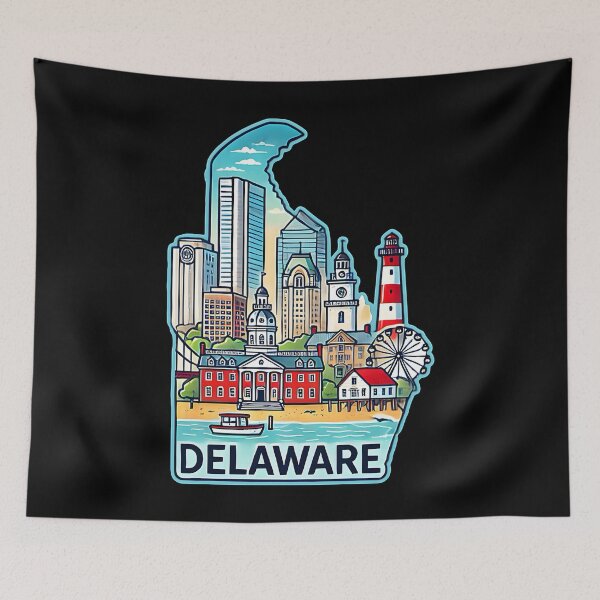 Item preview, Delaware State Map USA Skyline and Landmarks Illustration- travel souvenir art designed and sold by Unitepeople.